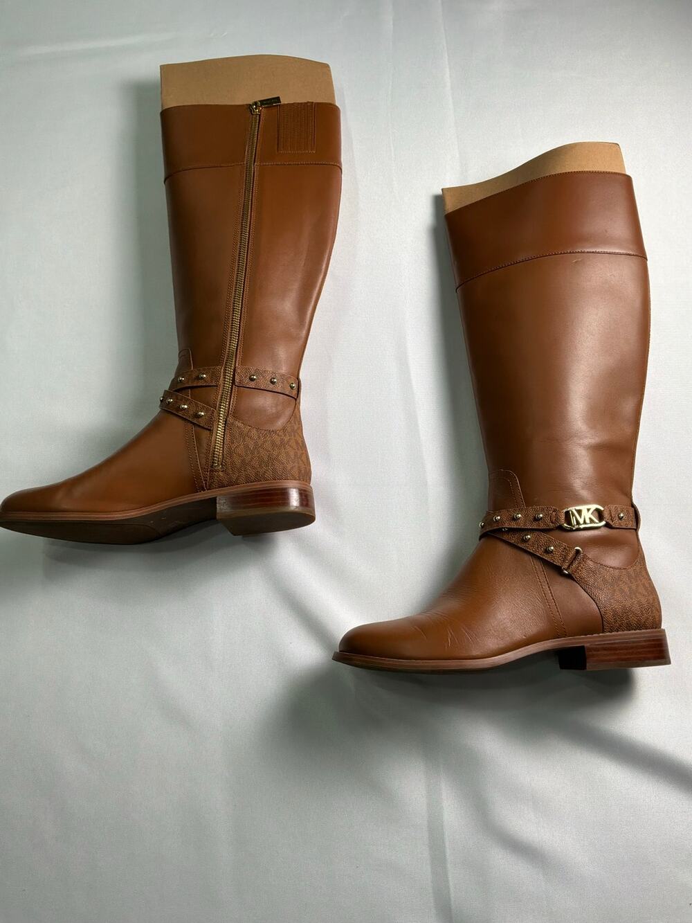 Michael Kors Brown Leather Knee High Riding Boots MK Logo Harness